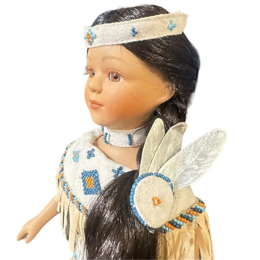 Vintage Native American Porcelain Doll Traditional Dress Fringe and Beads 16 inc - Picture 5 of 15